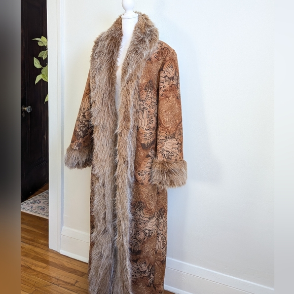 90s Does 70s VTG Penny Lane Trench Coat Afghan Paisley Print Faux Fur Trim 18 - Picture 4 of 16